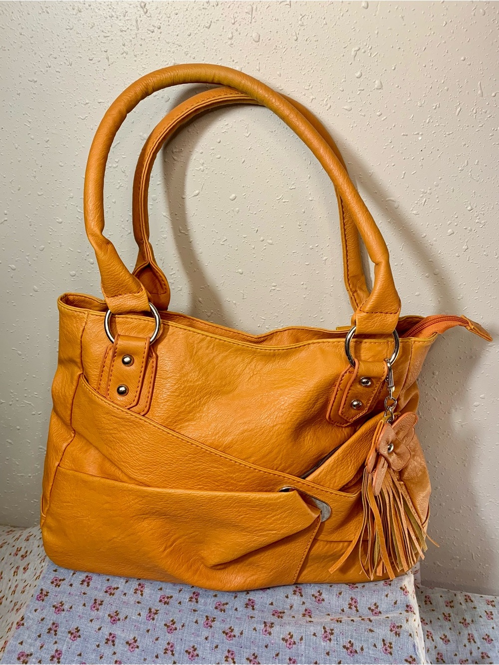 Classic Women's Orange Shoulder Tote with Tassel Accent - Picture 3 of 9